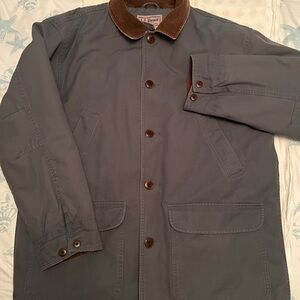 LL Bean Canvas/Quilted/Lined Gray Barn Jacket with Brown Accents.
